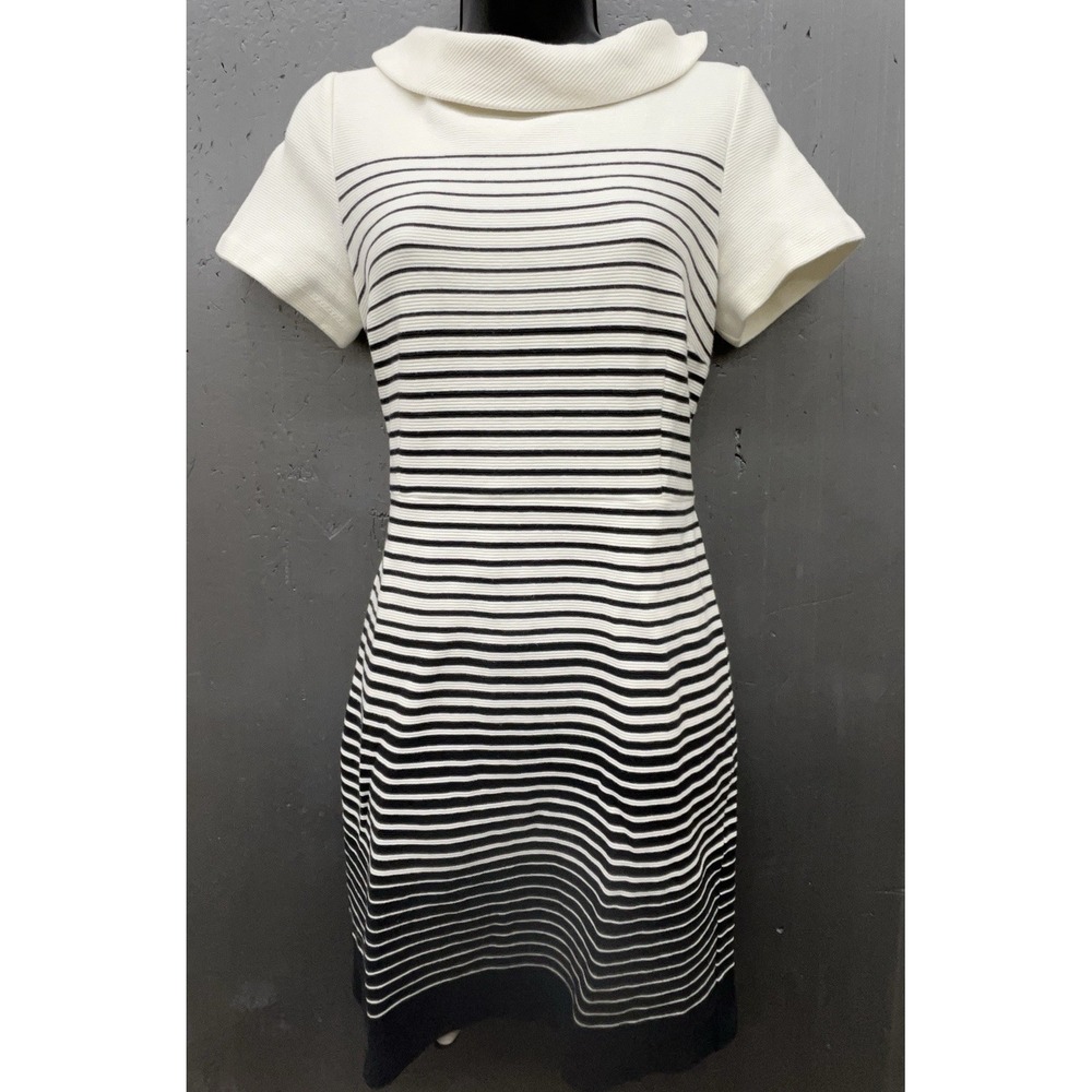 Talbots Dress 8P White Black Stripe Short Sleeve Cotton Stretch Coastal Preppy